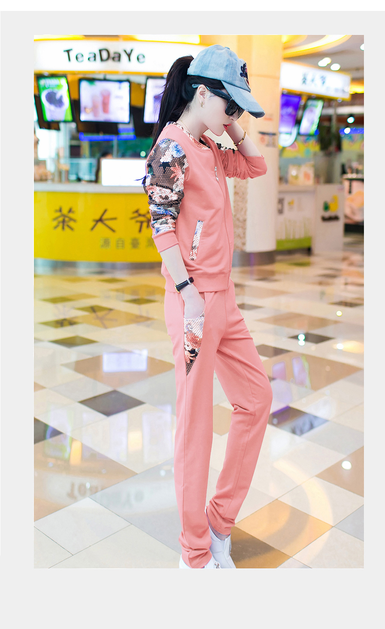 白淑颜2015秋款女装时尚休闲长袖两件套卫衣女士运动套装 玫红色 M