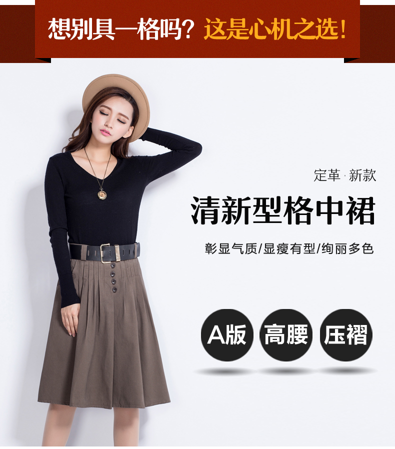 定革 2015新款春款a字裙百褶裙子中长半身裙女伞裙高腰韩版大摆中裙 巧克力色 2尺3