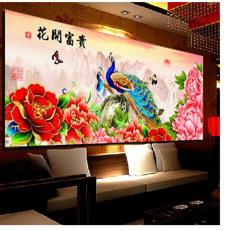
                                        K-S专卖店十字绣新款客厅富贵牡丹孔雀新客厅系列大幅印花花卉图 牡丹花 中格3股线绣小版棉线印花150*70CM                