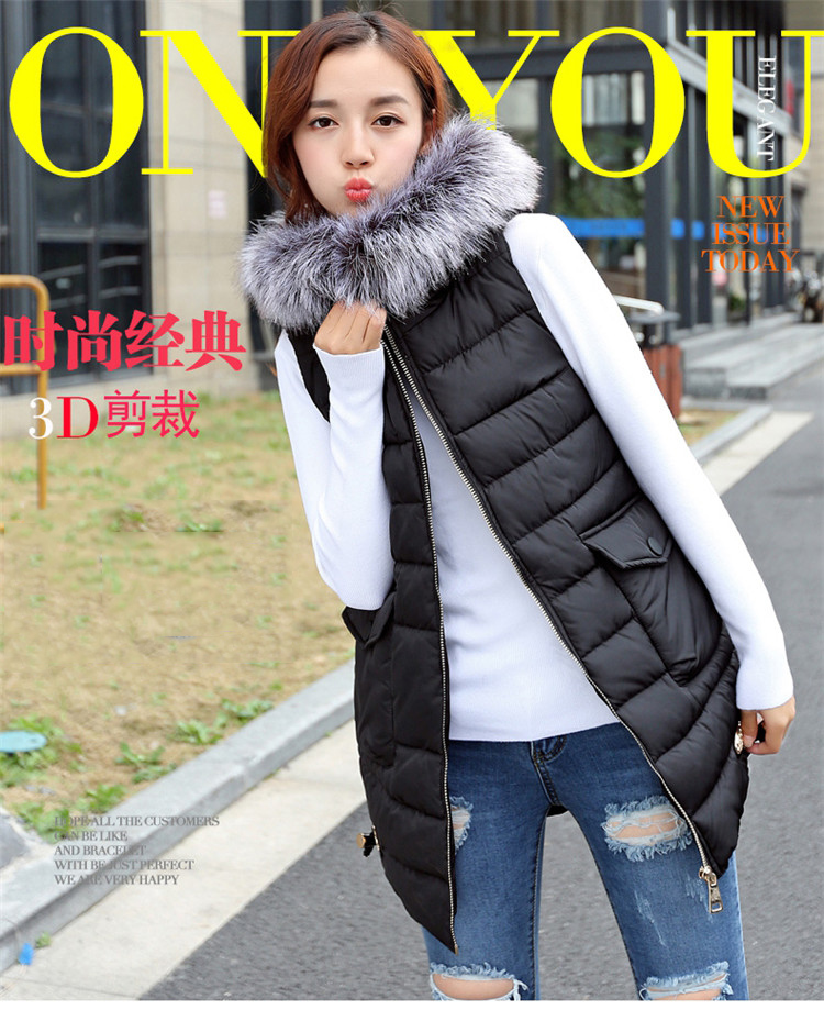 谷缇娜 无袖棉衣女款2015秋冬新款韩版连帽羽绒棉马甲 中长款超大毛领马甲背心女 灰色 L