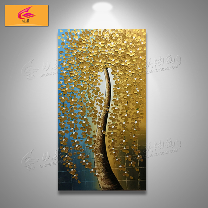 
                                        从美家装手绘简约酒店家居装饰画客厅玄关走廊过道挂画厚油发财树抽象刀画欧式现代挂画金钱树油画 T型框    金色 连框90*180cm                