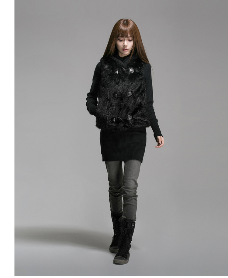 圣迪奥 sdeer 2015冬装新款女牛角扣毛绒带帽马甲 黑色/91 L