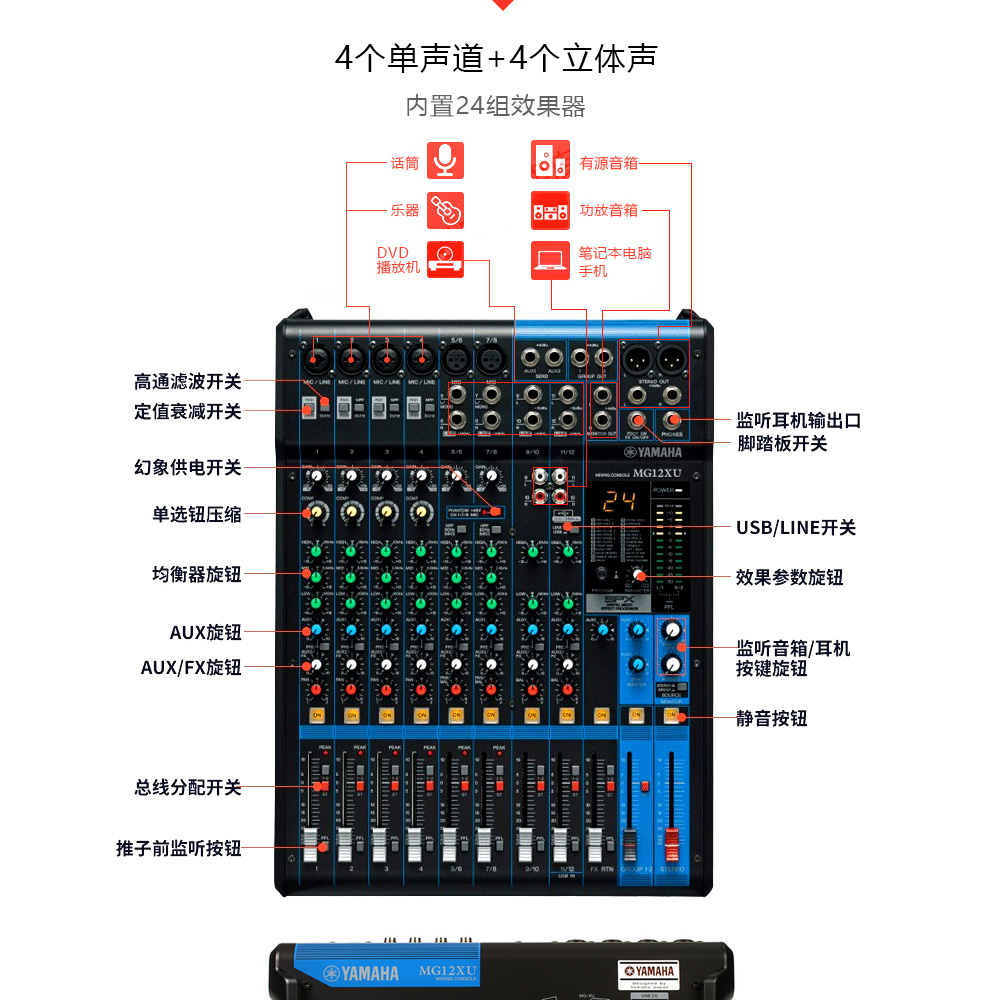雅马哈调音台使用图解,雅马哈8路调音台图解 雅马哈/yamaha mg06 10 12 16 20xu多路控制带效果专业舞台调音台 mg