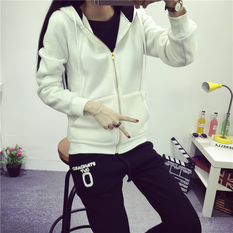 馨芭妃 韩版小清新加绒加厚连帽卫衣运动套装 女 三件套套装 黄配蓝 S