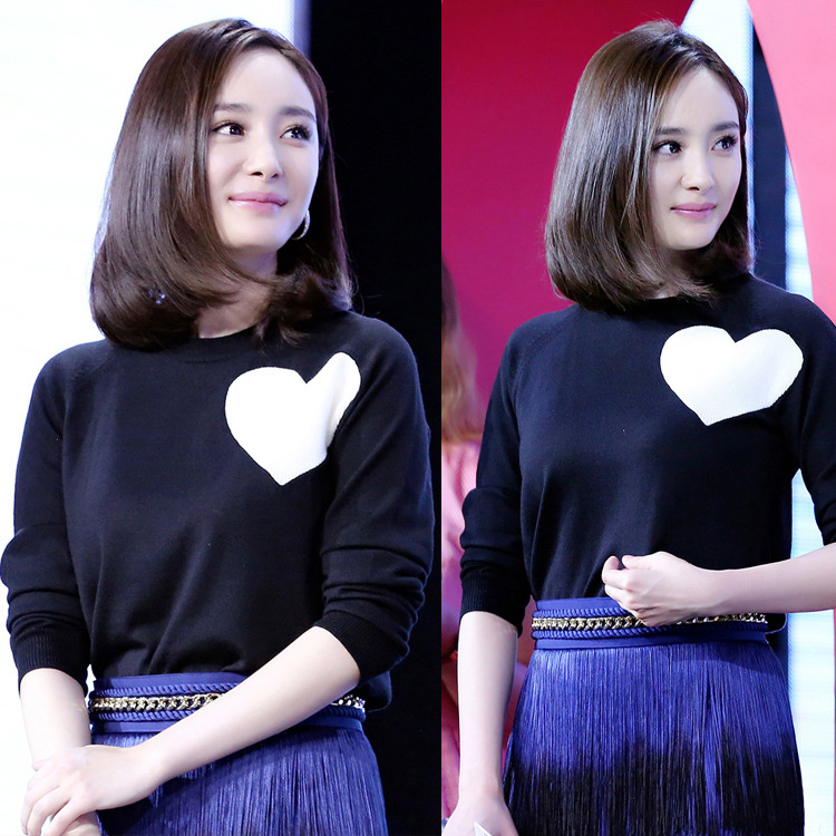 百含玉2015秋季杨幂同款黑色爱心针织毛衣女蓝色渐变流苏半身裙套装 图片色套装送腰带 S