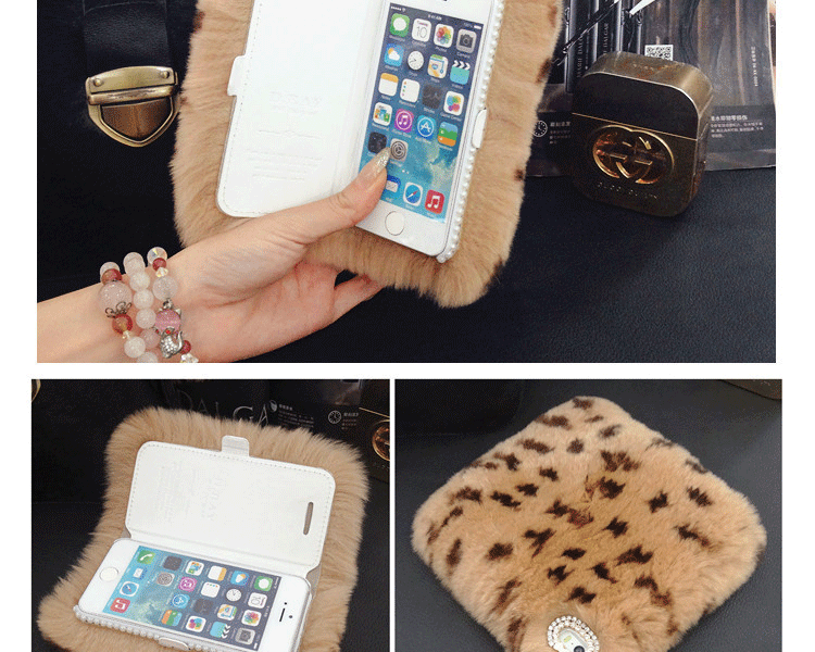 獭兔毛毛绒手机壳翻盖皮套苹果 iPhone5s皮草外壳 ip66s6plus毛毛壳水钻 灰色 6/6s