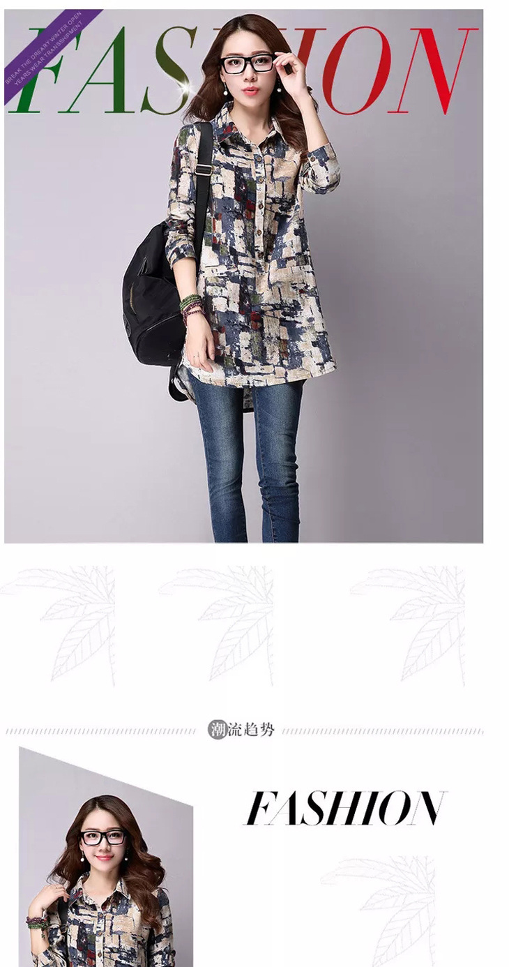 纤衣良品长袖衬衫 女2015女 秋装大码印花棉麻秋款女装衬衫B1388 图片色 XL