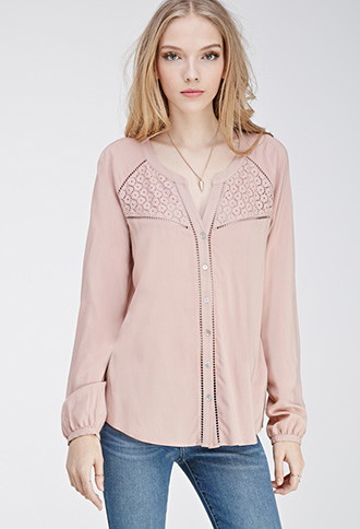 FOREVER21 花朵钩针拼接长袖衬衫 淡紫色 S