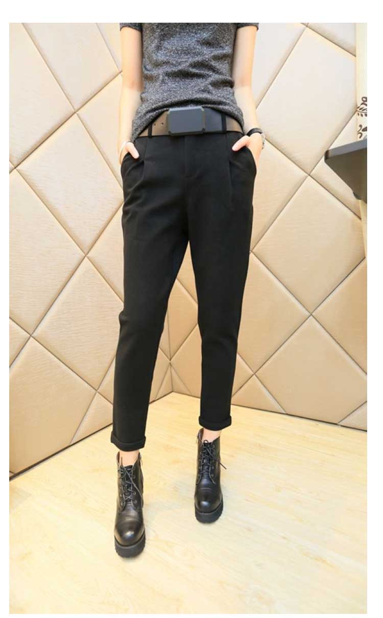 时聊2015秋冬新款女韩版哈伦裤高腰休闲裤九分裤垮裤显瘦小脚裤长裤 灰色   S  九分裤翻边