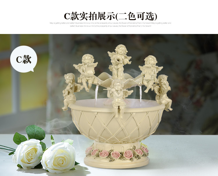 
                                        好心艺欧式天使流水喷泉结婚礼物摆件 创意浪漫摆设家居 米黄带喷雾器                