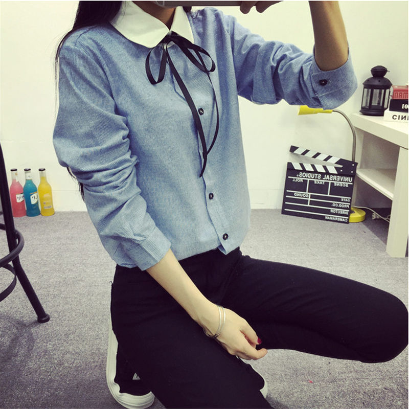 步雷琼斯 2015秋装新款系带蝴蝶结长袖显瘦衬衫衬衣女式学生上衣 翻领衬衫 女秋 黑色 L