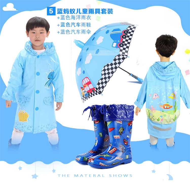 蓝蚂蚁男女小学生雨衣儿童雨衣披时尚加厚卡通雨衣雨伞雨鞋套装 蓝蚂蚁粉兔雨衣+粉蜜蜂伞+粉梅花鞋 S