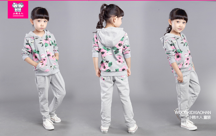 2014秋季<em>新款</em> <em>女童套装</em> <em>运动</em>服 儿童连帽子印花