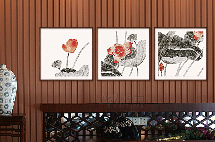 Timax装饰画中式客厅荷花国画书房沙发背景墙画挂画莲 电表箱玄关餐厅花卉壁画现代简约装饰 红荷三联画配枣红框 40*40cm有框画
