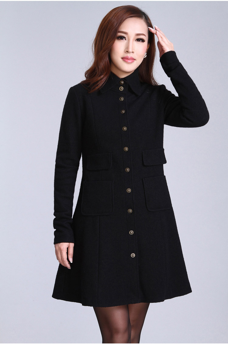 秋冬新款2015女装哥弟款修身POLO领长袖单排扣纯色羊毛风衣女阿玛施简约口袋百搭休闲外套 黑色 3码/M