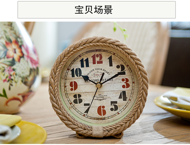 芮诗凯诗 欧式复古做旧纯手工彩绘铁艺镶麻绳客厅卧室家居创意装饰摆件铃木机芯座钟 小座钟