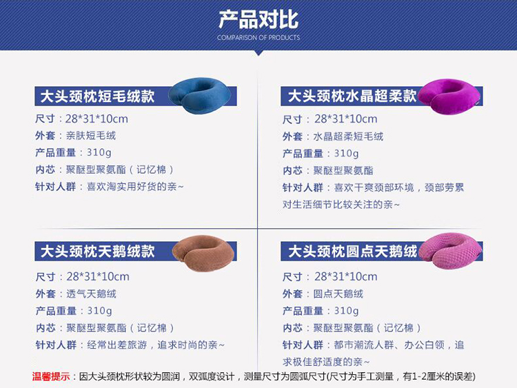 U型枕护颈枕颈椎旅行脖子记忆枕记忆棉慢回弹U型枕头午睡 大头颈枕水晶超柔紫色