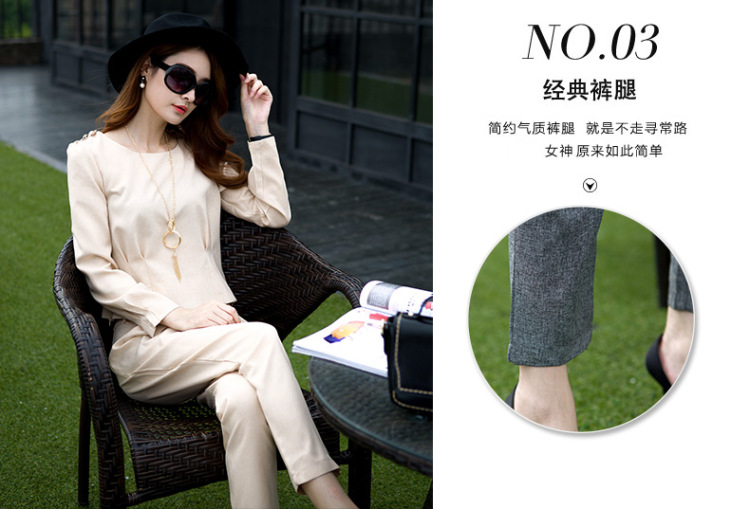 奥曼婷 2015秋季新品女装上衣长裤两件套韩版时尚优雅休闲职业套装 卡其色 XL