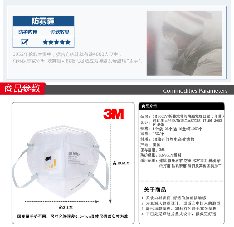 3M 9001V9002V折叠式防护口罩呼吸阀防花粉防尘流感雾霾PM2.5防病毒盒装口罩 9001V耳带式25只/盒