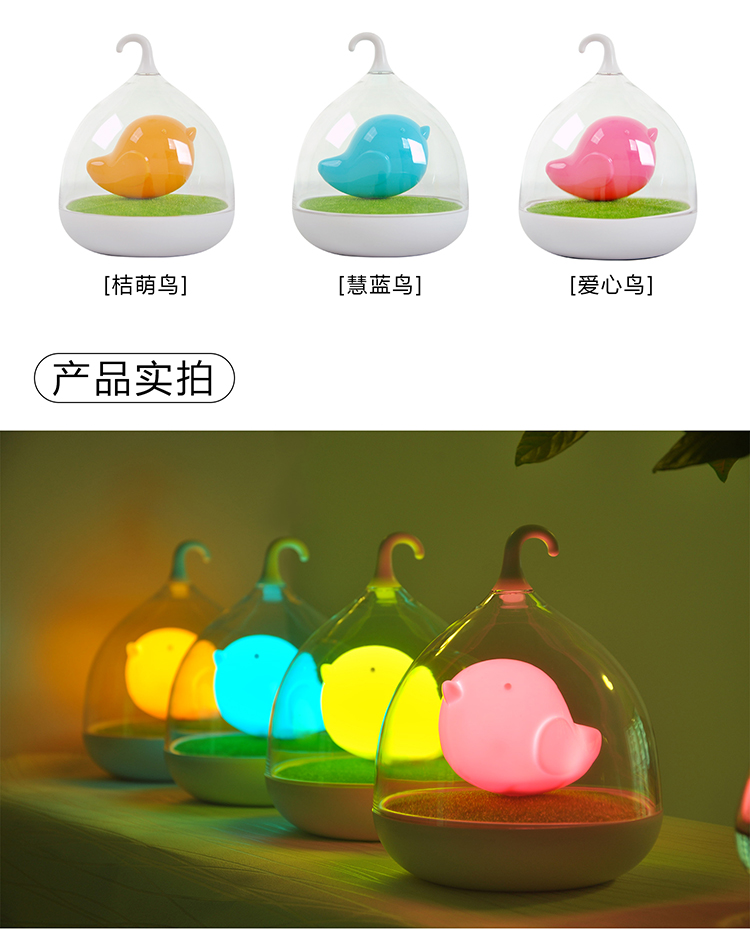 e优 创意LED台灯触摸床头鸟笼灯 可充电小夜灯小鸟台灯 声控感应壁灯插电卧室灯 护眼灯 触控版 桔萌鸟