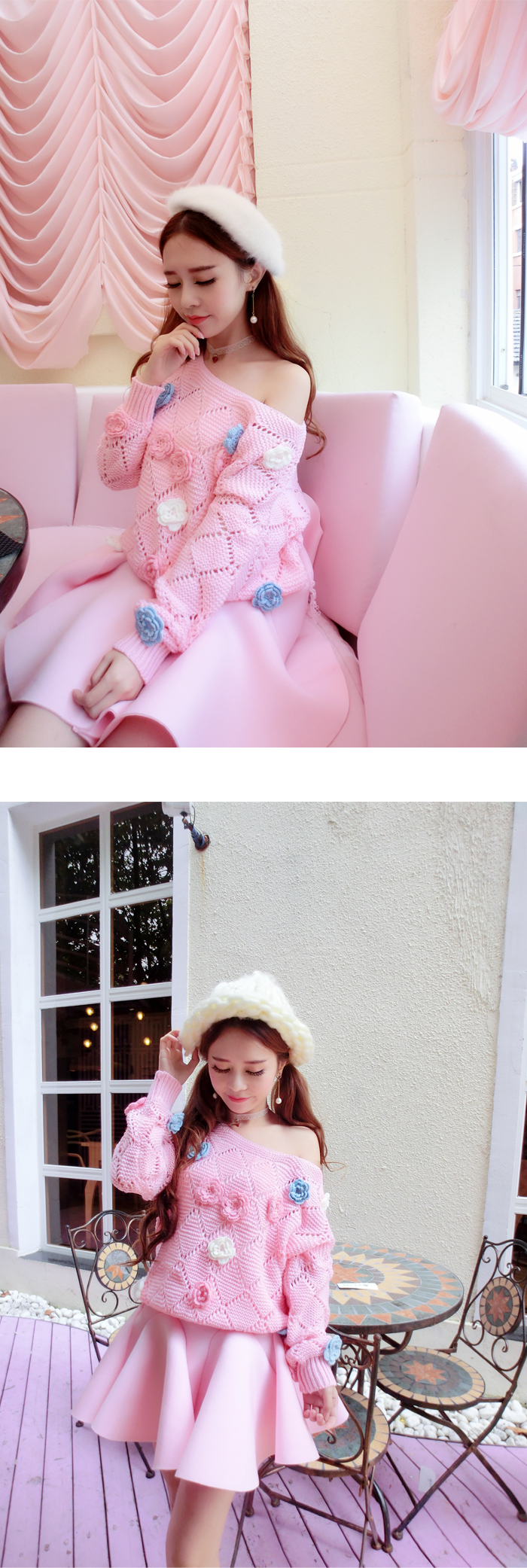 时尚潮流百搭甜美小清新森女立体花朵镂空圆领套头露肩宽松针织毛衣