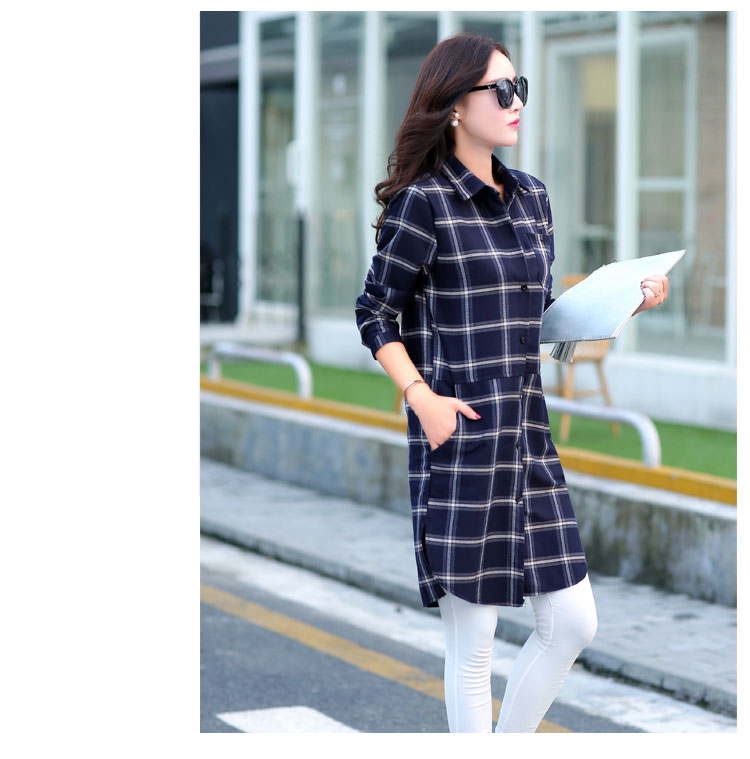 涩依2016新款衬衫女装长袖中长款格子加绒衬衣外套女 蓝色 XL