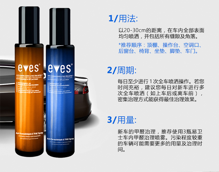 
                                                            易卫士eves 德国进口汽车甲醛清除剂 新车除甲醛除异味喷雾 车内除味剂除臭味空气净化包邮 车大金-聚划算3件套                
