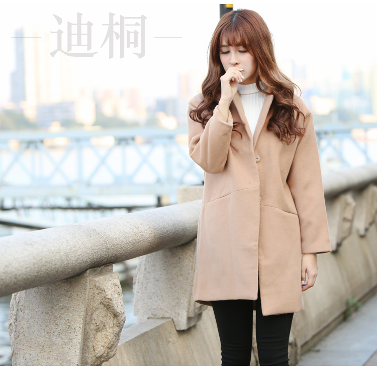 迪桐 外套 毛呢大衣女中长款修身学生韩版加厚直筒显瘦纯色长袖外套 2015冬装DT988 驼色 M