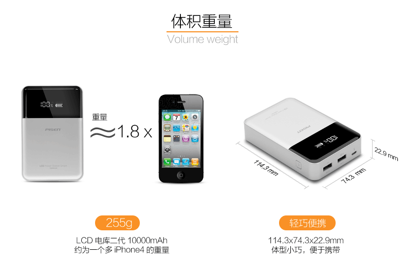 品胜大容量 双usb输出lcd电库二代(升级版)移动电源/充电宝 手机平板