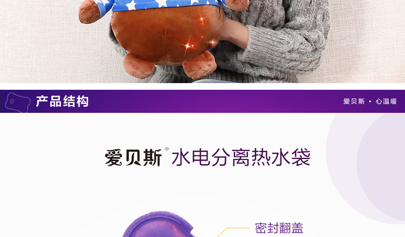 爱贝斯暖手宝电热水袋充电注水暖手宝玩偶音乐熊电暖水袋AY15071013 蓝色(呆呆熊)
