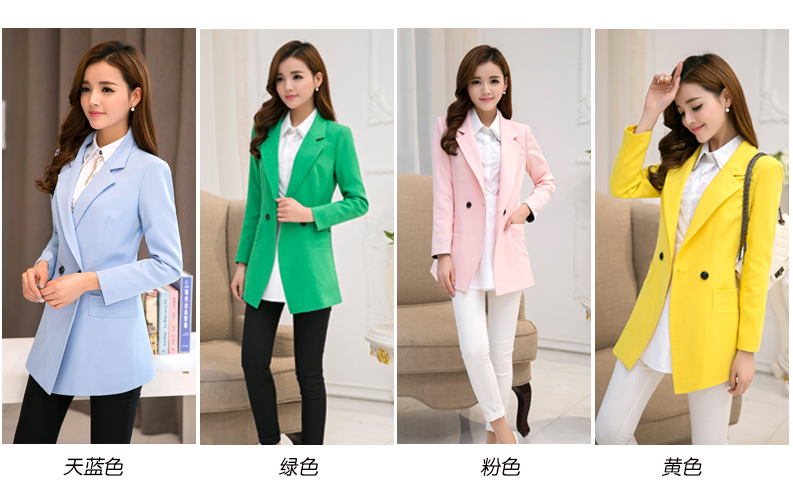 艾格青扬2015秋季新品时尚大码女装修身韩版中长款显瘦双排一粒扣西装外套女 黄色 XL