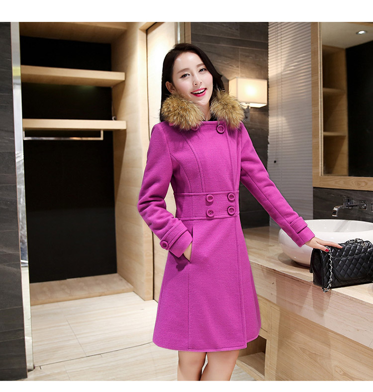 欣月伊妍2015冬季韩版宽松中长款羊毛呢大衣毛呢外套女真毛领DZL-905 皮粉 L