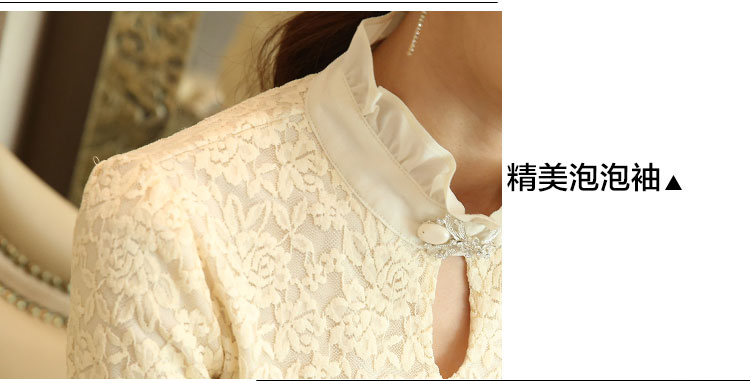 伊品尚 2015秋冬新款加绒加厚蕾丝打底衫女韩版修身长袖立领蕾丝上衣大码女装小衫 杏色  L