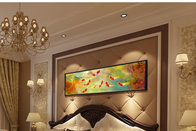 
                                        纵海艺术 风水装饰画九条鱼锦鲤鱼荷花床头画九鱼图油画 鸿运当头 木纹白 40*165                