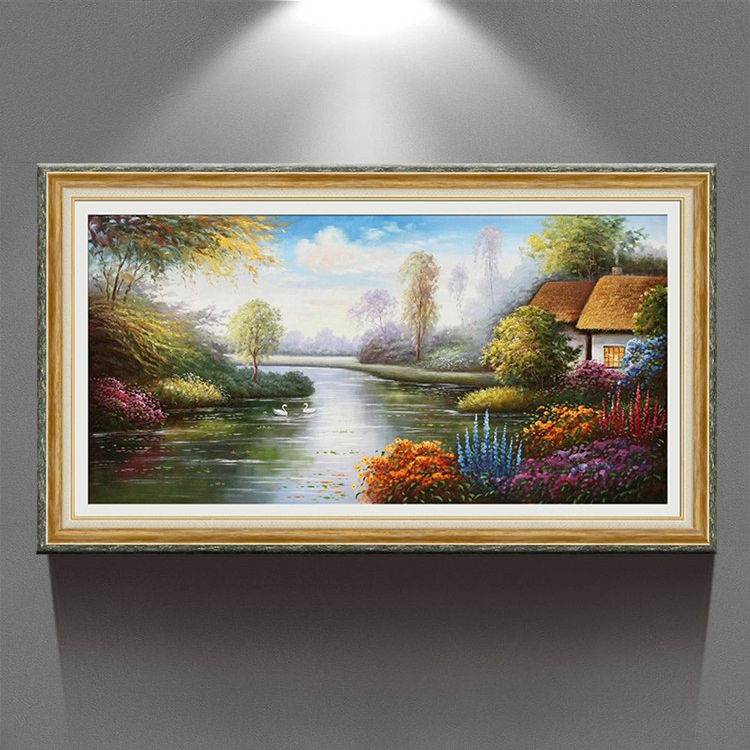 天顶山 现代客厅欧式沙发背景墙有框三联画卧室壁画挂画大幅挂画 欧式复古风景 83*143CM