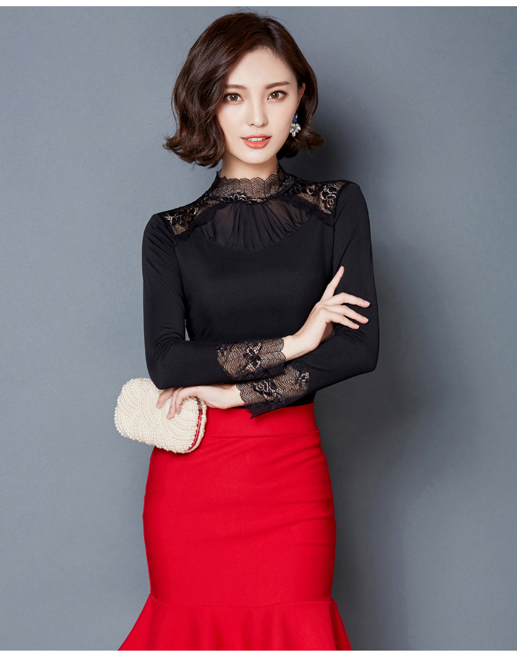 欣婭思 2015秋冬厚加绒韩版修身女大码网纱显瘦百搭蕾丝打底衫长袖T恤女 黑色 L