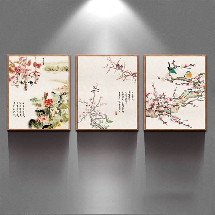 
                                        天顶山 新中式客厅装饰画国画花鸟沙发背景墙画有框三联画书房办公室挂画玄关画 简约中式三联 木纹框 50*70CM                