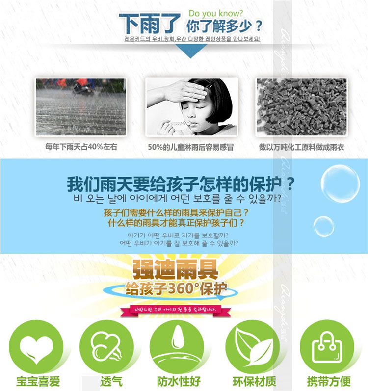 
                                        强迪儿童可爱韩国时尚小孩宝宝男童女童学生雨衣雨披EVA带书包位 雨衣蓝色812 XL                