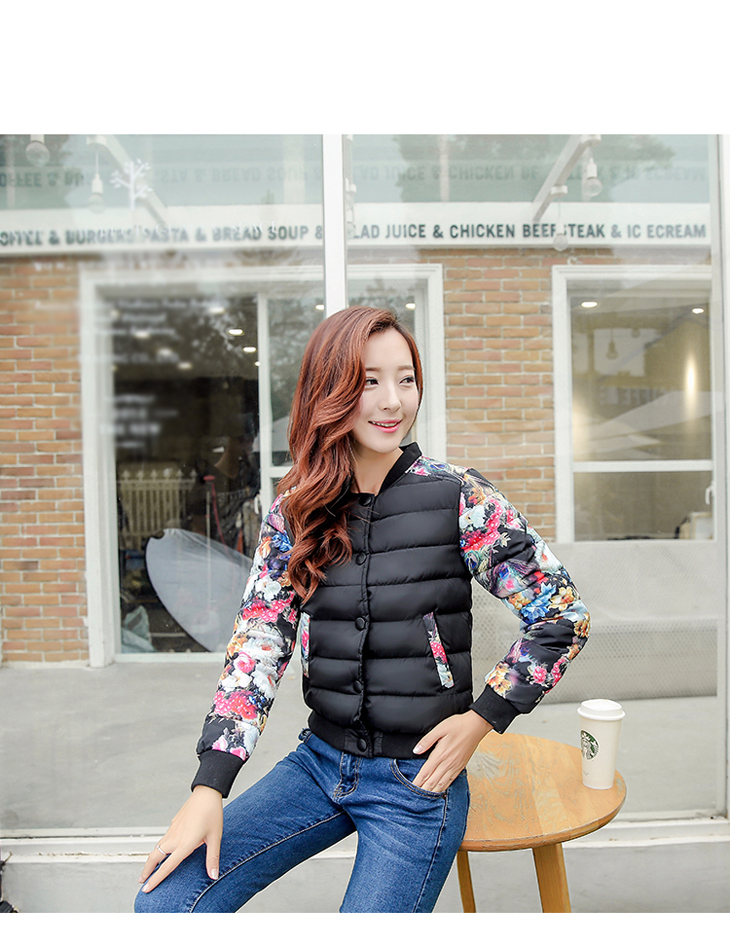 纤衣良品 短外套2015冬 加厚印花棉服女装夹克修身短款棒球服外套小棉袄A344 白色 XXL