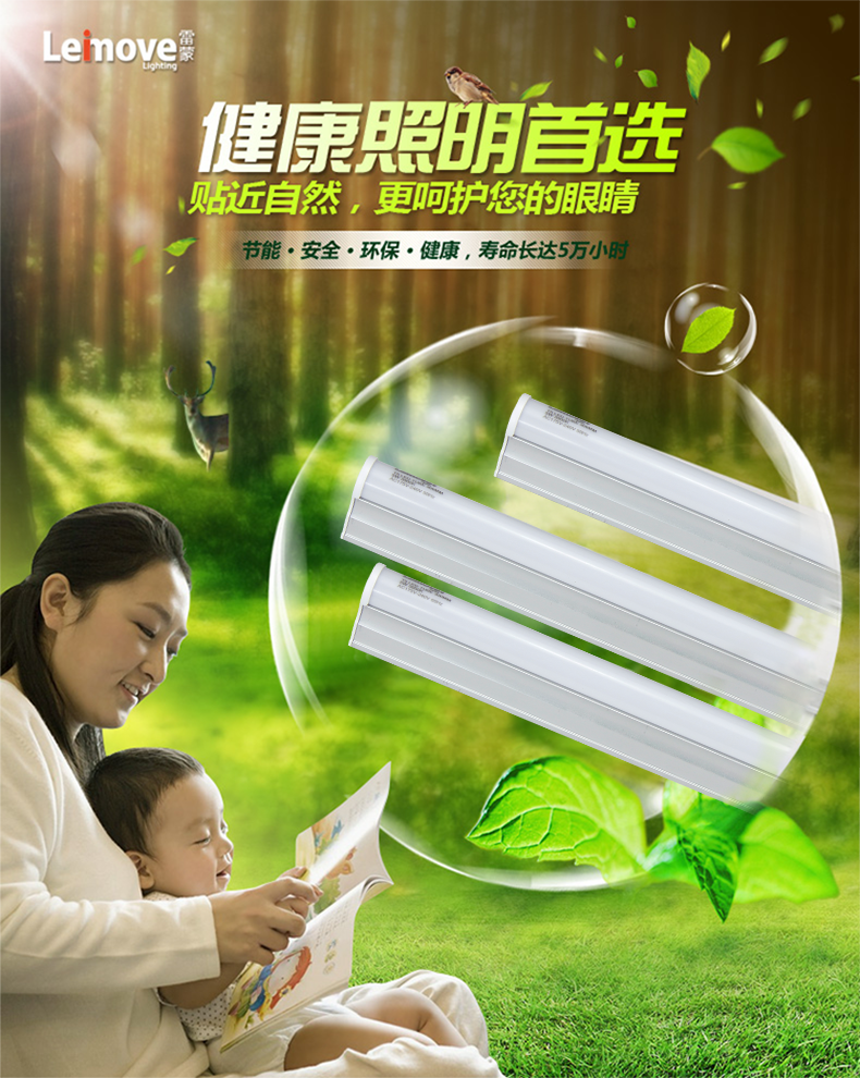 雷蒙照明leimove T5LED灯管一体化日光灯带支架全套T5光管 0.6米/9W-3000K暖光