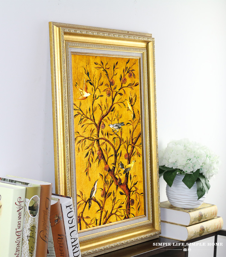 
                                        森朴 欧式客厅沙发背景墙装饰画 金色花鸟挂画三联画富贵招财大尺寸壁画 奢华金框3件套 55*70                