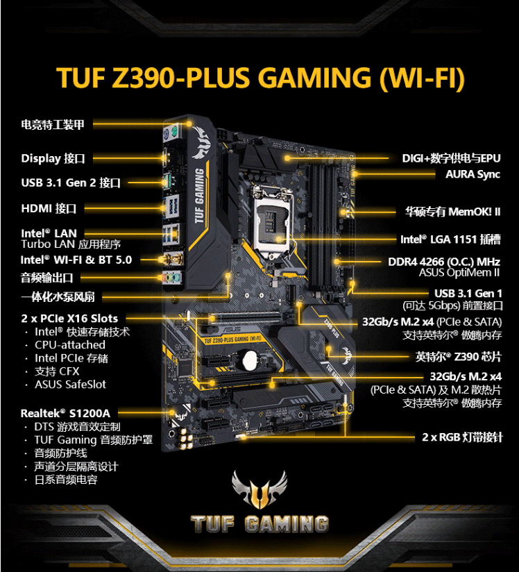 Asus ASUS TUF Z390 PLUS GAMING WIFI Motherboard Supports I9 9900K