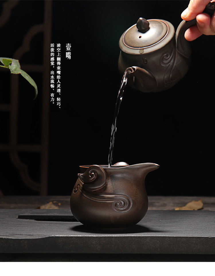 
                                                            源怡阁茶具套装 陶瓷窑变复古创意工夫茶具  斗笠杯功夫茶具茶壶茶杯整套茶具 浮雕茶具套组 龙凤呈祥套装棕色                