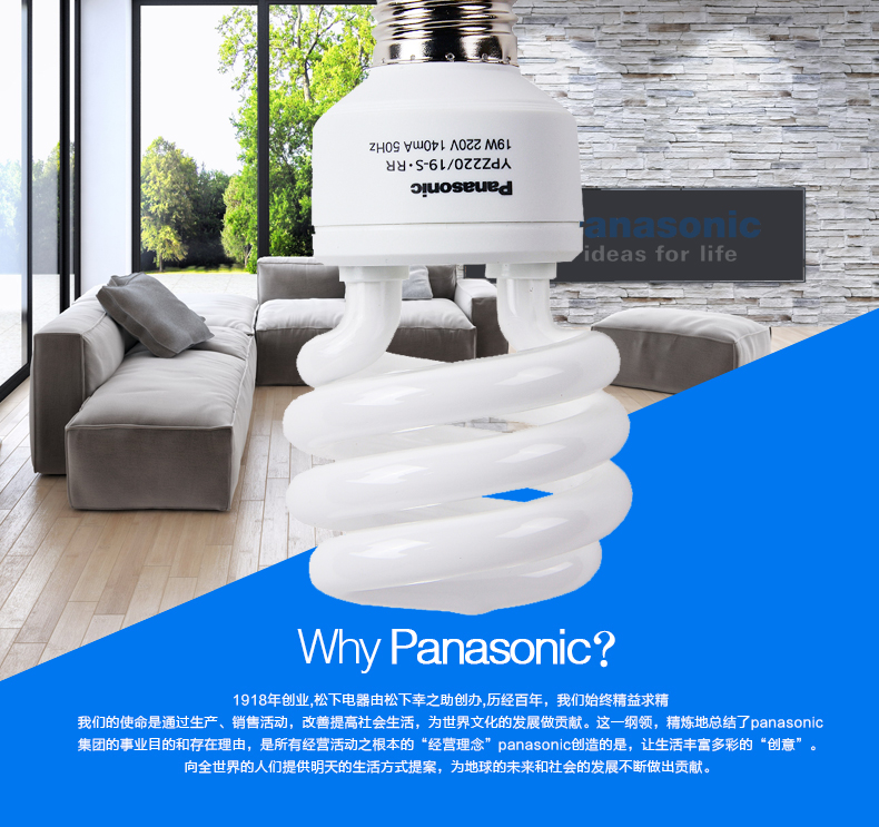 松下（Panasonic）螺旋型节能灯19W E27灯头 冷光/日光色 10支装