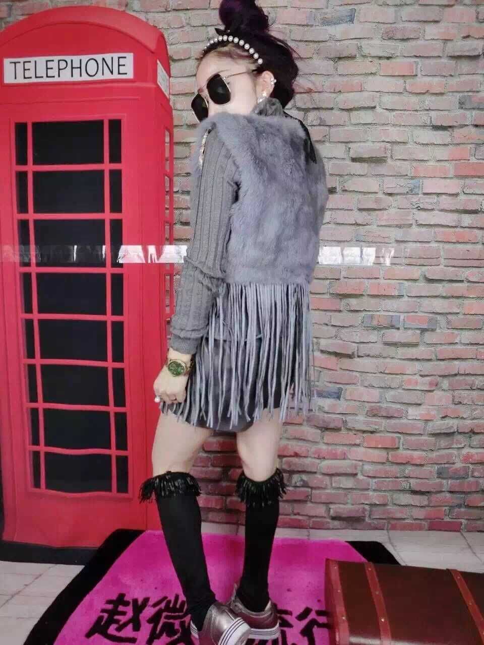 怡情蜜 2015秋冬新款韩版时尚百搭流苏仿兔毛马甲外套女冬 黑色 均码