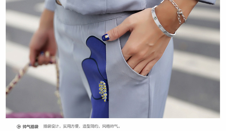 Zorn Carter2015秋季新品时尚印花长袖上衣两件套休闲裤OL职业套装8859 浅灰色 M