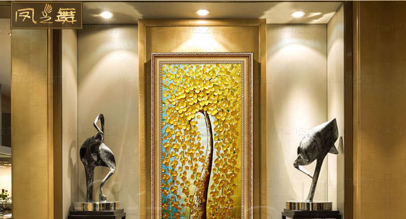
                                        凤之舞油画 玄关装饰画 欧式手绘 手工油画招财树过道走廊油画竖版挂画 壁画墙画 框4发财树白 50x100                