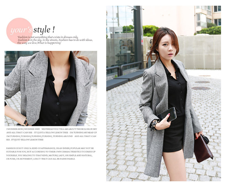 2015 秋装新款女装韩版中长款修身显瘦休闲小西服薄西装女外套 灰色 S