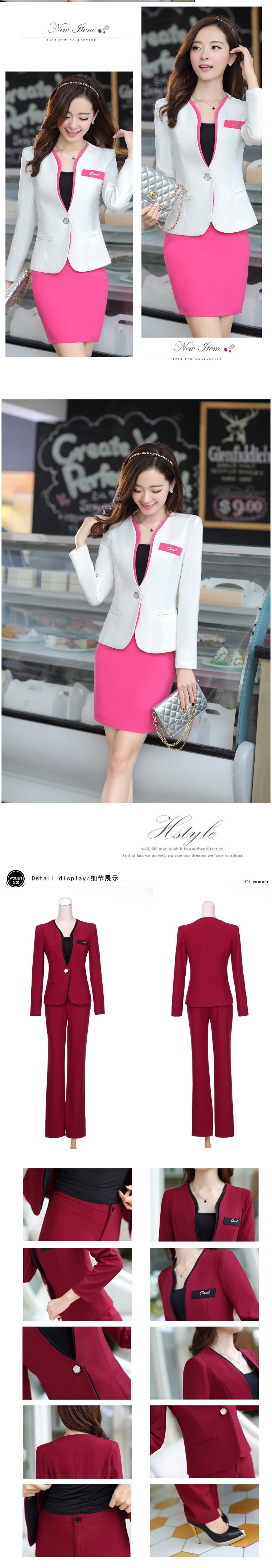 2015春装修身职业装女装套装西服正装工作服套裤加大码三件套 玫红配裤子 L