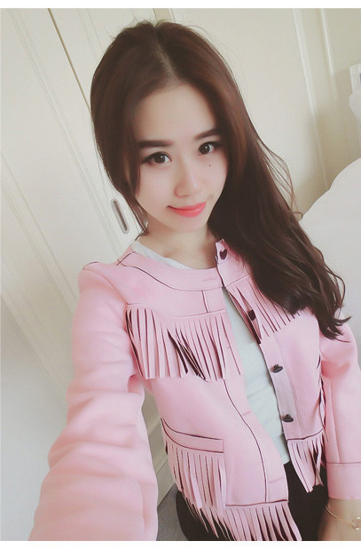 堤美伊2015秋装新款欧美明星款麂皮绒流苏拼接帅气夹克百搭短外套 粉色   S